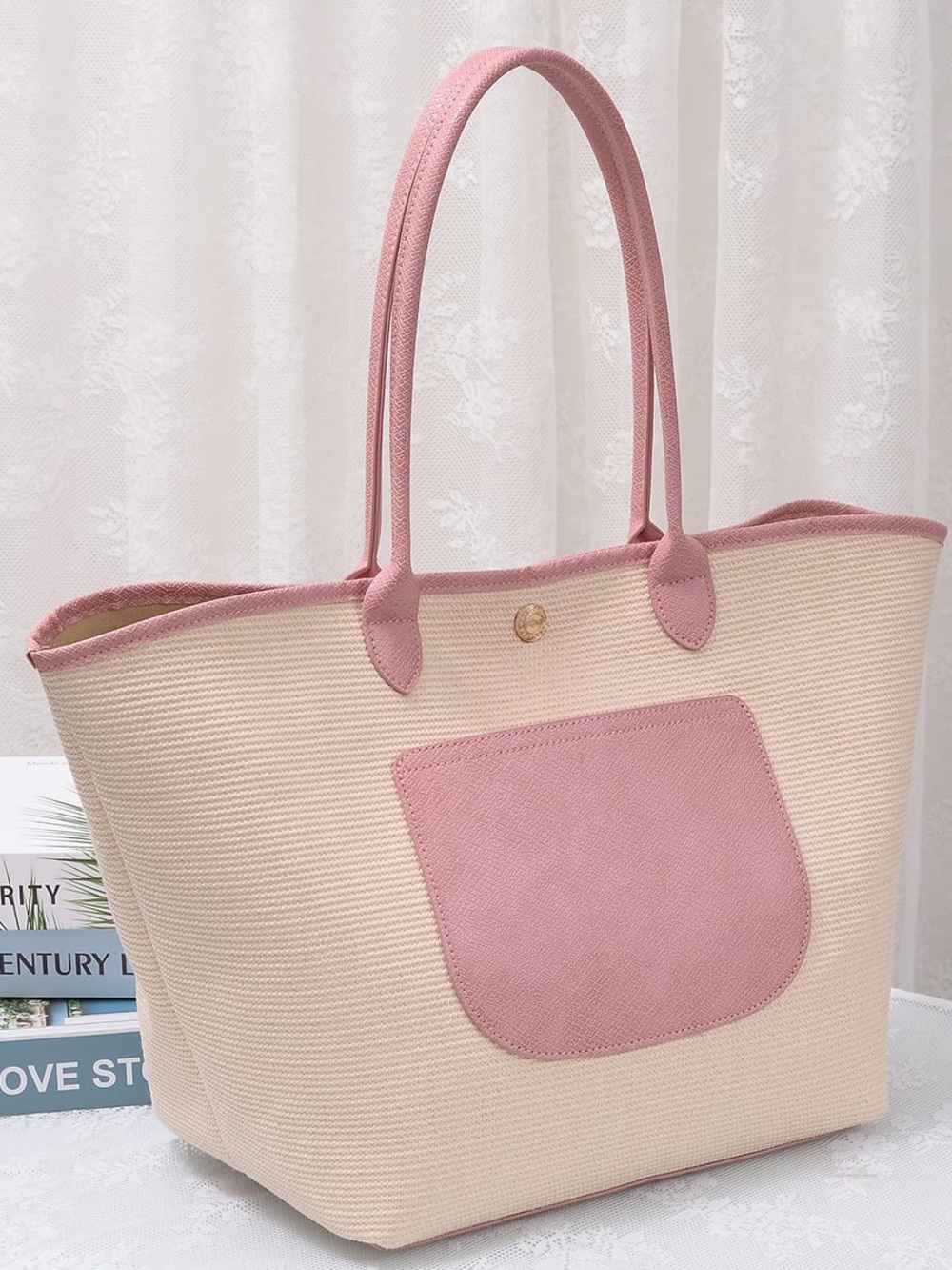 NWT Pink Women’s Mila Straw Tote Bag Pink & Cream Tote Bag